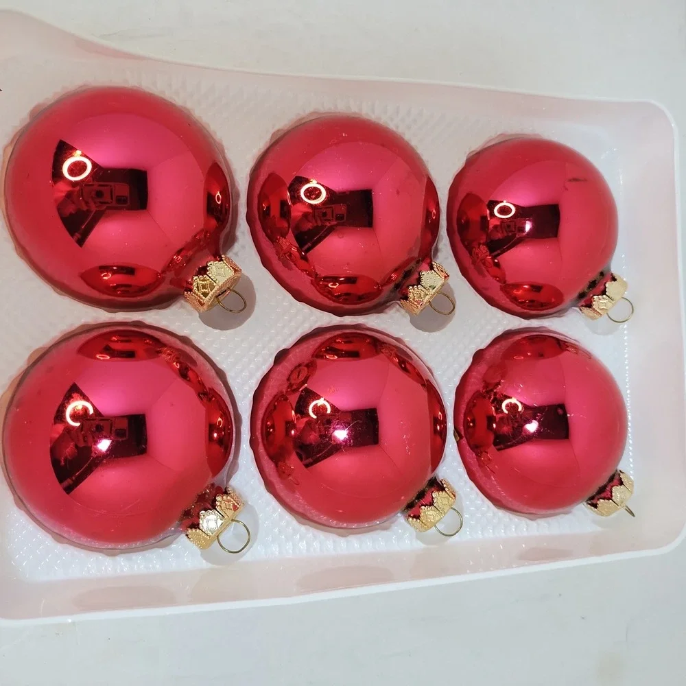 VTG Visions by Holly‎ Red Glass Christmas Ornaments Set of 6 Shiny Round Baubles